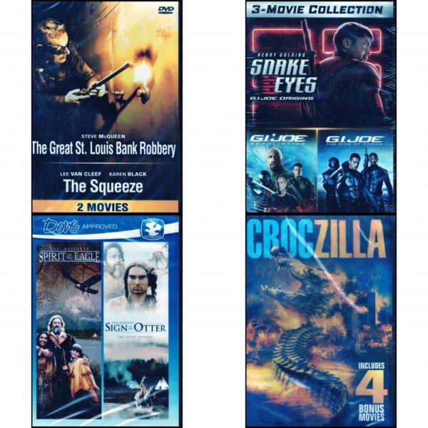 DVD Assorted Multi-Feature Movies 4 Pack Fun Gift Bundle: The Great St. louis Bank Robbery & The Squeeze 2 Film Collection  G.I. Joe 3 Movie Collection: Snake Eyes, Retaliation, The Rise of Cobra  Spirit of the Eagle / Sign of the Otter  Croczilla