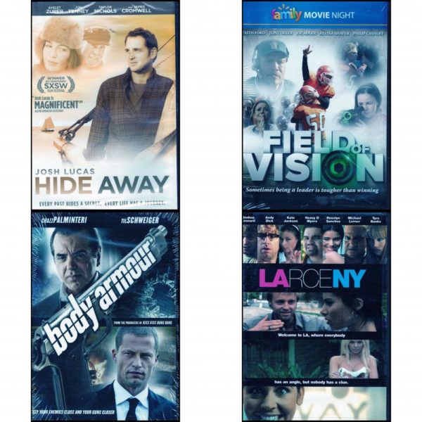 DVD Assorted Movies 4 Pack Fun Gift Bundle: Hide Away  Field of Vision  - Faith Ford, Tony Oller, Joe Adler, Alyssa Shafer, Philip Casnoff  BODY ARMOUR  Larceny