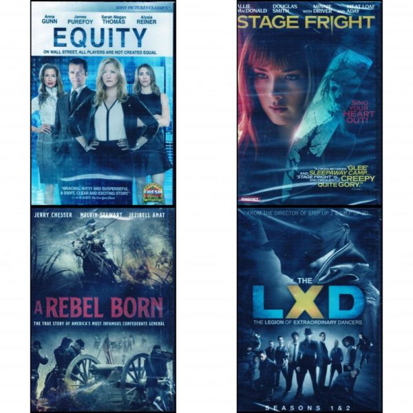 DVD Assorted Movies 4 Pack Fun Gift Bundle: Equity  Stage Fright  A REBEL BORN  The LXD: Seasons One and Two