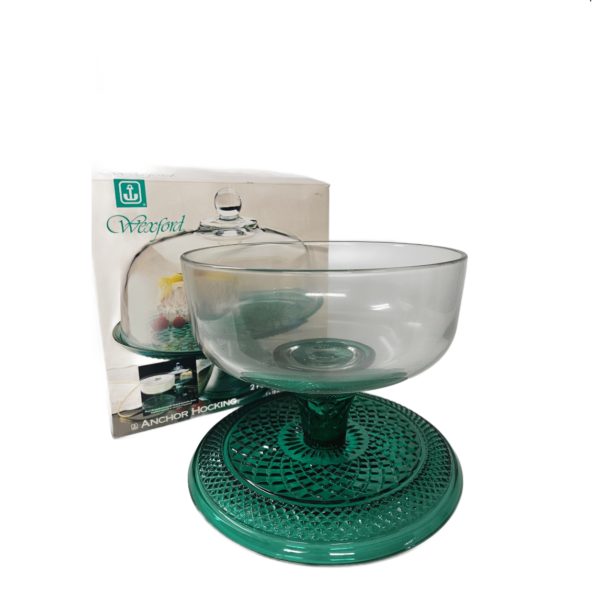 Anchor Hocking Vintage Wexford Glass Emerald Green Footed Cake Stand/Serving Bowl