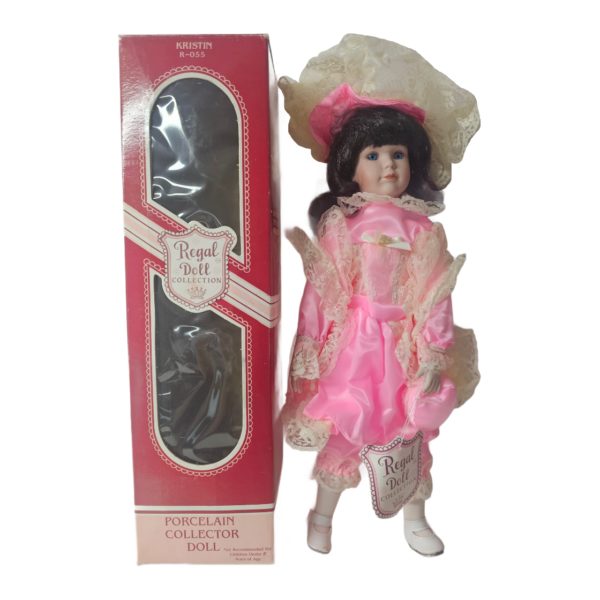 Vintage 1990 Regal Doll Collection "KRISTIN" Bright Pink 1900's Era Porcelain Doll 16" Brunette