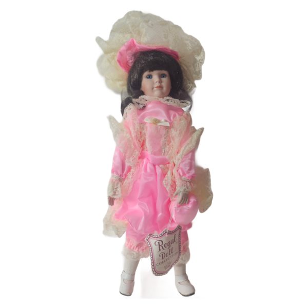 Vintage 1990 Regal Doll Collection "KRISTIN" Bright Pink 1900's Era Porcelain Doll 16" Brunette