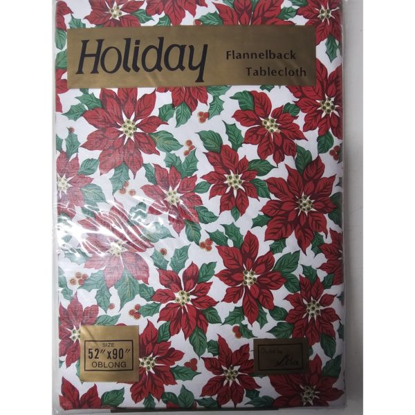 Vintage Elrene Co. Pointsettia Flannelback Holiday Tablecloth 52 x 90 Oblong