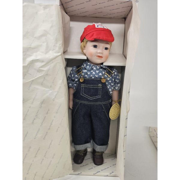 Little Slugger Boy In 1950's Denim Overalls Outfit Porcelain Doll 15 Inch