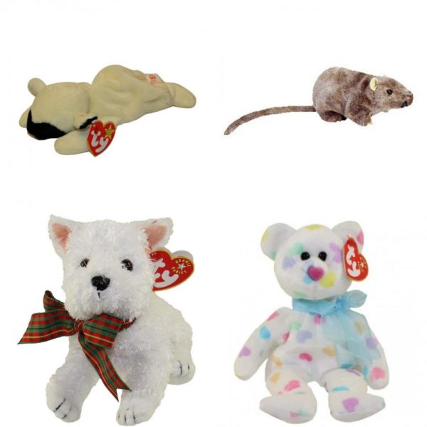 Assorted Ty Beanie Baby 4 Pack Bundle: Ty Beanie Baby - Chops The Lamb 7 Inch Ty Beanie Babies - Tiptoe The Mouse Ty Beanie Babies Kirby - Terrier TY Beanie Baby – KISSME the Valentines Bear