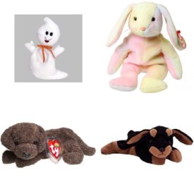 Assorted Ty Beanie Baby 4 Pack Bundle: Ty Beanie Babies Spooky - Ghost Ty Beanie Babies Hippie - Ty-Dye Bunny TY Beanie Baby - FETCHER the Brown Nappy Hair Dog Ty Beanie Babies - Doby the Doberman