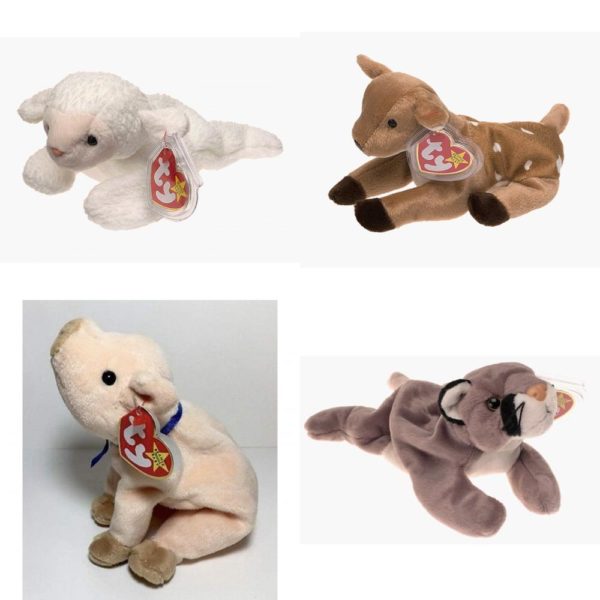 Assorted Ty Beanie Baby 4 Pack Bundle: TY Beanie Baby - FLEECE the Lamb TY Beanie Baby - WHISPER the Deer Ty Beanie Baby - Knuckles the Pig 1999 Retired Ty Beanie Babies - Canyon the Cougar