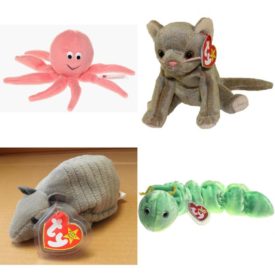 Assorted Ty Beanie Baby 4 Pack Bundle: TY Beanie Baby - INKY the Octopus Ty Beanie Baby - Scat The Cat Ty Beanie Babies - Tank the Armadillo TY Beanie Baby - SQUIRMY the Worm