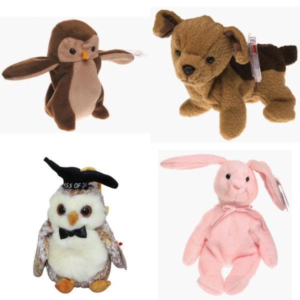 Assorted Ty Beanie Baby 4 Pack Bundle: Ty Beanie Babies - Hoot the Owl Ty Beanie Babies - Tuffy The Terrier Dog TY Beanie Baby - Smarter The 2002 Owl Ty Beanie Baby Hoppity - Pink Easter Bunny Rabbit