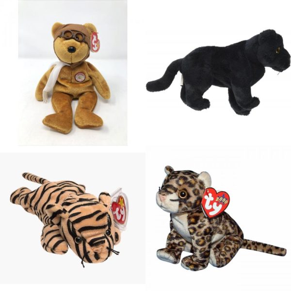 Assorted Ty Beanie Baby 4 Pack Bundle: Ty Beanie Baby Bearon Brown Bear w/Cap & Goggles 100 Years Of Flight Pilot Ty Beanie Babies - Midnight The Black Panther Ty Beanie Babies - Stripes the Tiger Ty Beanie Baby - Sneaky The Leopard