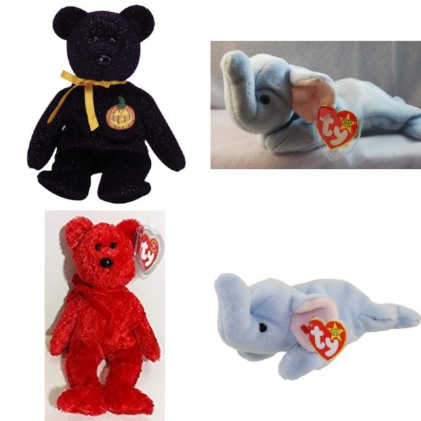 Assorted Ty Beanie Baby 4 Pack Bundle: Ty Beanie Baby - Haunt the Halloween Black Bear Ty Beanie Babies - Peanut The Elephant Light Blue TY Beanie Baby - SIZZLE the Bear Ty Beanie Babies - Peanut the Light Blue Elephant