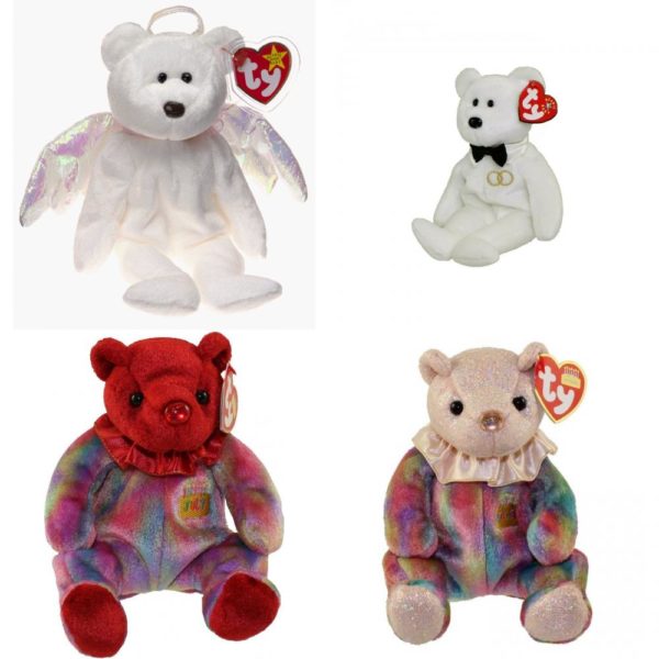 Assorted Ty Beanie Baby 4 Pack Bundle: Ty Beanie Babies - Halo the Bear Ty Beanie Baby Mr Groom Wedding Bear Hologram Tag 2001 Ty Beanie Baby July Ruby Birthstone Teddy Happy Birthday Bear Ty Beanie Baby October Opal Birthstone Teddy Happy Birthday Bear