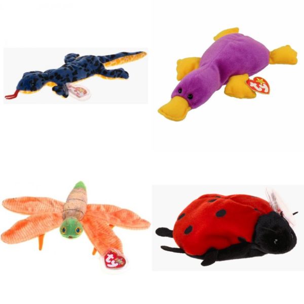 Assorted Ty Beanie Baby 4 Pack Bundle: Ty Beanie Baby - Lizzy the Lizard TY Beanie Baby - PATTI the Platypus 9.5 inch Ty Beanie Babies Glow the Lightning Bug TY Beanie Baby - LUCKY the Ladybug