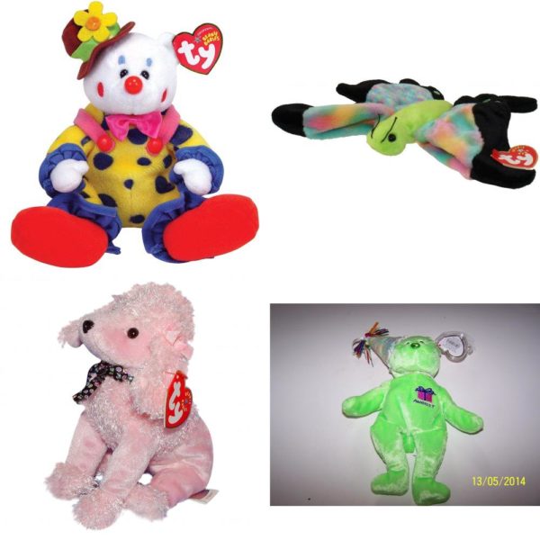 Assorted Ty Beanie Baby 4 Pack Bundle: Ty Juggles - Clown Bear Ty Beanie Baby Float the Butterfly Multi Color Tie Dye Wings Ty Beanie Babies - Brigitte the Pink Poodle Dog TY Beanie Baby - August the Teddy Birthday Bear w/ hat