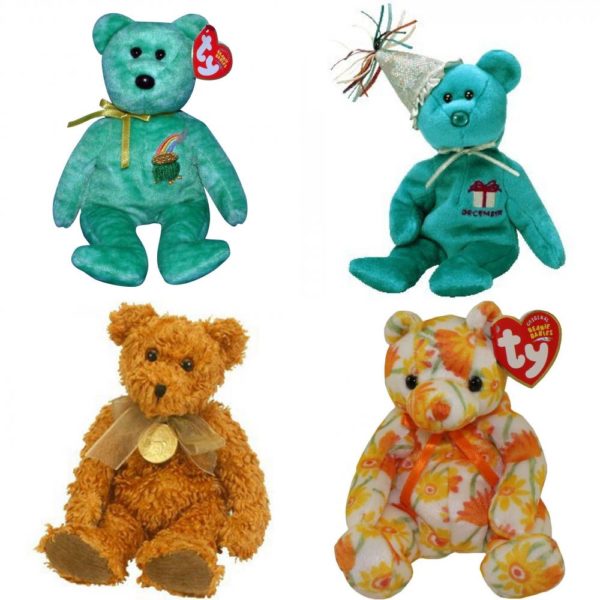 Assorted Ty Beanie Baby 4 Pack Bundle: TY Beanie Baby – KILLARNEY the Irish Bear 8.5 inch TY Beanie Baby BIRTHDAY BEARS December Birthday Bear with Hat Ty Beanie Baby Babies Teddy Gold Coin Bear 100th Anniversary TY Beanie Baby - SHASTA the Bear