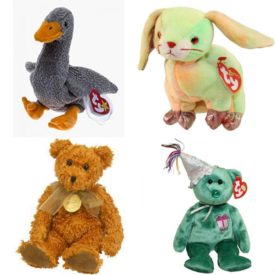 Assorted Ty Beanie Baby 4 Pack Bundle: Ty Beanie Babies - Honks Goose TY Beanie Baby - THE RABBIT Chinese Zodiac Ty Beanie Baby Babies Teddy Gold Coin Bear 100th Anniversary TY Beanie Baby - MAY the Teddy Birthday Bear w/ hat