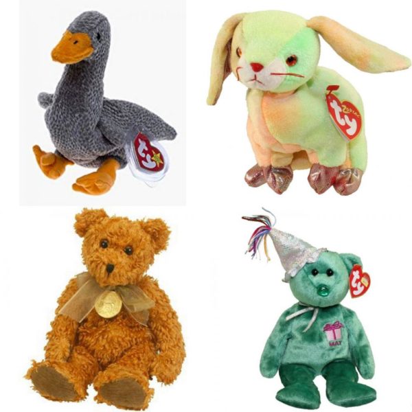 Assorted Ty Beanie Baby 4 Pack Bundle: Ty Beanie Babies - Honks Goose TY Beanie Baby - THE RABBIT Chinese Zodiac Ty Beanie Baby Babies Teddy Gold Coin Bear 100th Anniversary TY Beanie Baby - MAY the Teddy Birthday Bear w/ hat