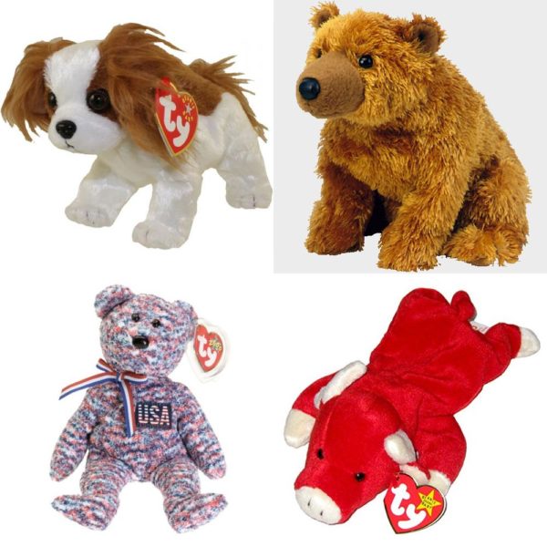 Assorted Ty Beanie Baby 4 Pack Bundle: Ty Beanie Babies - Regal the King Charles Spaniel Dog TY Beanie Baby - SEQUOIA the Bear 2001 Ty Beanie Babies - USA Bear TY Beanie Baby - SNORT the Bull 4002