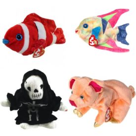 Assorted Ty Beanie Baby 4 Pack Bundle: TY Beanie Baby – JESTER the Clownfish Ty Beanie Babies - Aruba the Angelfish Ty Beanie Babies - Creepers the Skeleton 4376 Ty Beanie Babies - Zodiac Pig