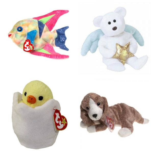 Assorted Ty Beanie Baby 4 Pack Bundle: Ty Beanie Babies - Aruba the Angelfish TY Beanie Baby - Star the Angel Bear TY Beanie Baby - EGGBERT the Egg & Chick TY Beanie Baby - SNIFFER the Dog