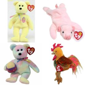 Assorted Ty Beanie Baby 4 Pack Bundle: Ty Beanie Baby - EGGS 2005 the Easter Bear TY Beanie Baby - SQUEALER the Pig TY Beanie Baby - EGGS 2006 the Easter Bear 8.5 inch Zodiac Rooster - Ty Beanie Babies