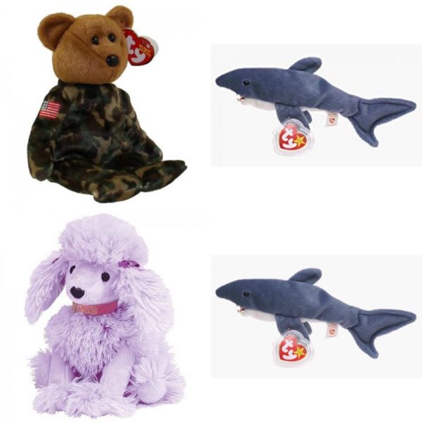 Assorted Ty Beanie Baby 4 Pack Bundle: Ty Beanie Babies Hero - USA 10 Years Decade Bear Flag on Shoulder - 40012 Ty Beanie Baby Crunch the Shark - 4130 Beanie Babies - Demure Purple Poodle Puppy Dog Crunch the Great White Shark Beanie Baby Retired