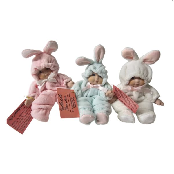 Vintage Show Stoppers Porcelain Baby Bunny Onsie Dolls Set of 3