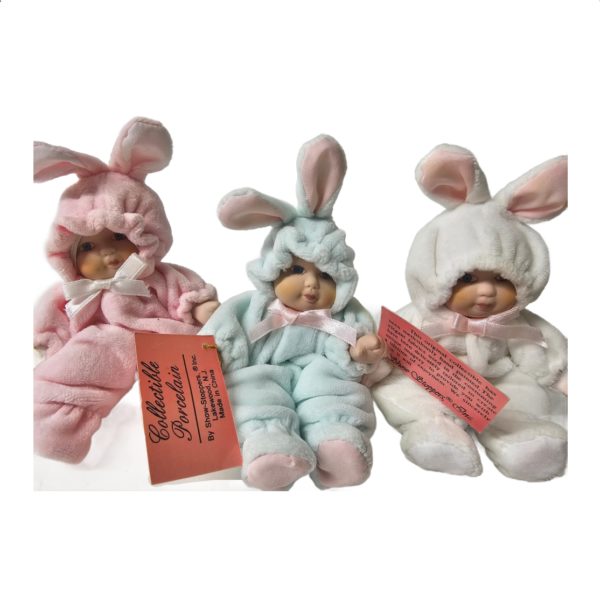 Vintage Show Stoppers Porcelain Baby Bunny Onsie Dolls Set of 3