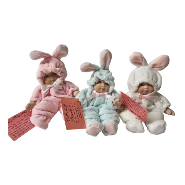 Vintage Show Stoppers Porcelain Baby Bunny Onsie Dolls Set of 3