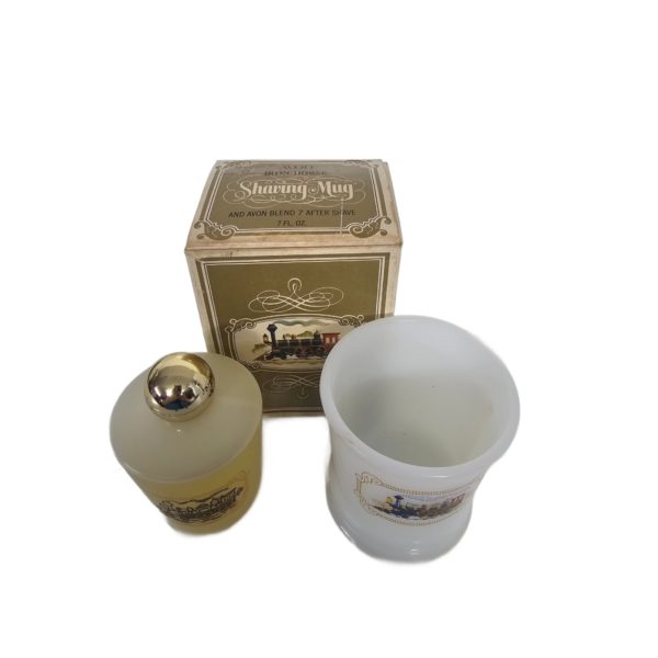 Vintage 1970's Avon Iron Horse Milk Glass Shaving Mug & 7 Blend After Shave 7 fl. oz.
