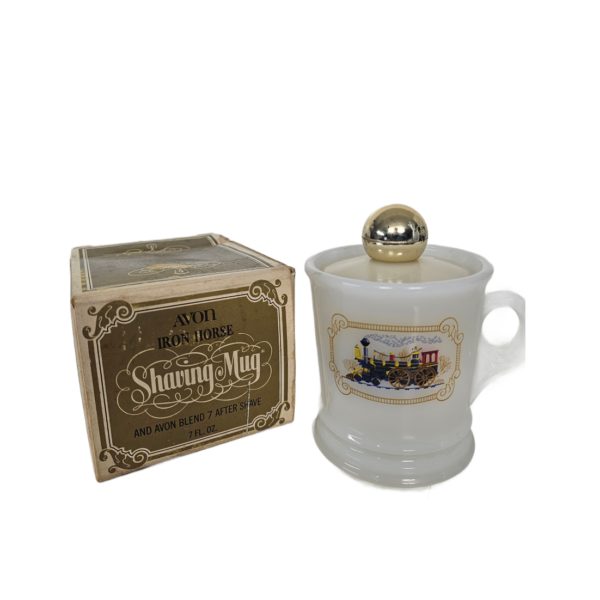 Vintage 1970's Avon Iron Horse Milk Glass Shaving Mug & 7 Blend After Shave 7 fl. oz.