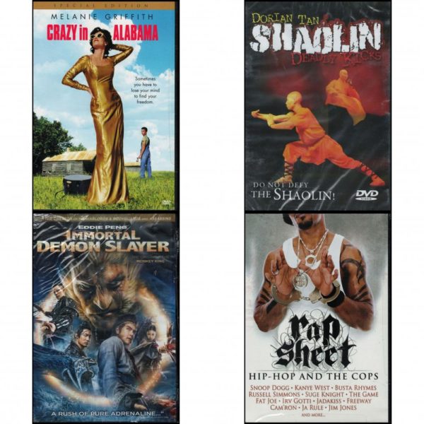 DVD Assorted Movies 4 Pack Fun Gift Bundle: Crazy in Alabama  Shaolin Deadly Kicks: Do Not Defy The Shaolin!  Immortal Demon Slayer  Rap Sheet: Hip Hop and the Cops