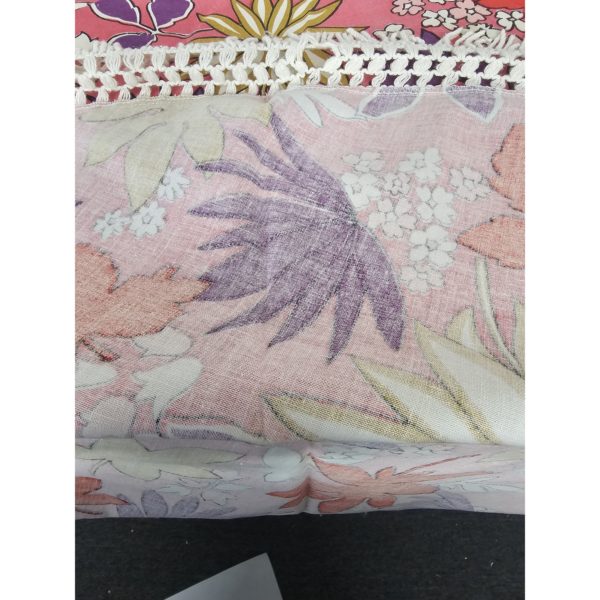 Vintage 1970's Pink Flower Power Floral Cotton Tablecloth w/ 4" Fringe 56" Round