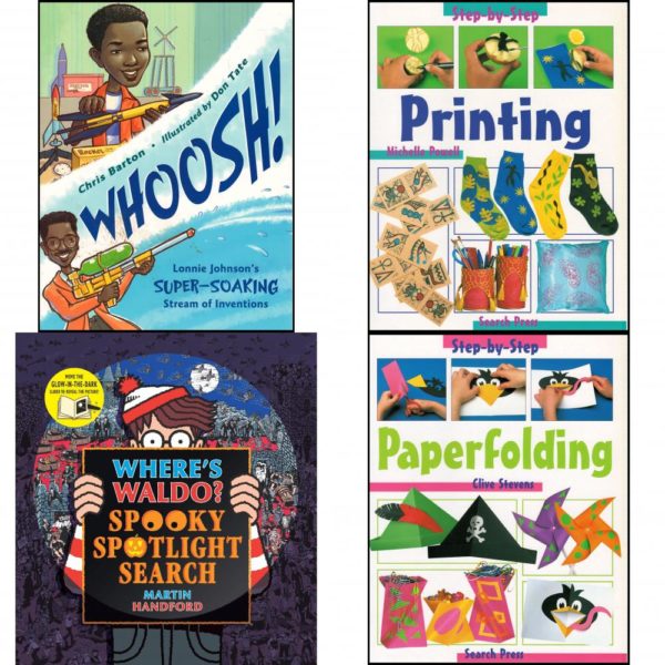 Children's Fun & Educational 4 Pack Paperback Book Bundle (Ages 6-12): Whoosh!  by Chris Barton Printing  by Michelle Powell Where's Waldo?  by Martin Handford Paperfolding  by Clive Stevens