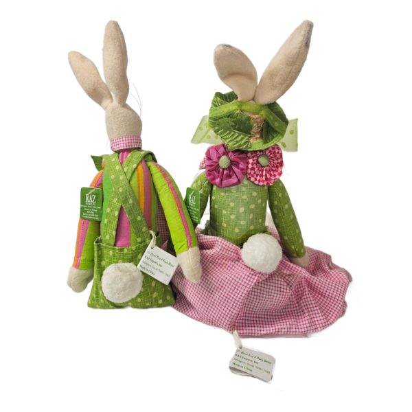 Carol King Paula Buttel Mr. & Mrs. Bunny Rabbit Dolls 21" Green Pink Spring Easter Decoration