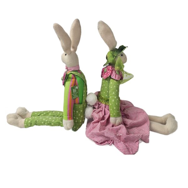 Carol King Paula Buttel Mr. & Mrs. Bunny Rabbit Dolls 21" Green Pink Spring Easter Decoration