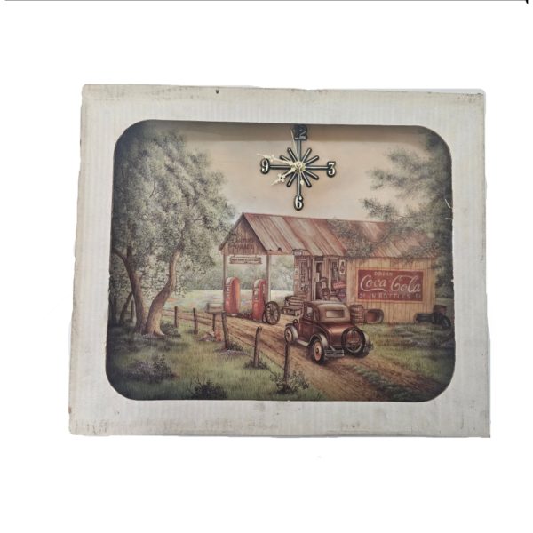 1993 Scafa-Tornabene Art Publishing Co. Coca-Cola Martin's Garage Wood Wall Clock 17 x 15 Inches