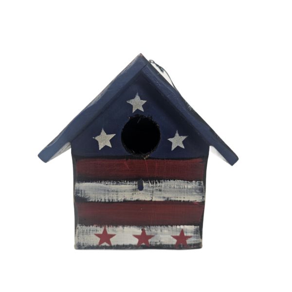 Stars & Stripes Patriotic 4th of July Rustic Wooden Birdhouse w/ Back Door 7 x 5 x 7 Inches
