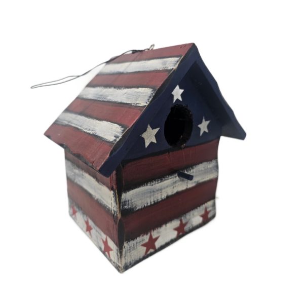 Stars & Stripes Patriotic 4th of July Rustic Wooden Birdhouse w/ Back Door 7 x 5 x 7 Inches