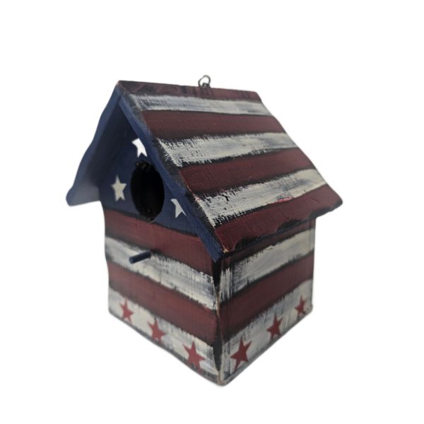 Stars & Stripes Patriotic 4th of July Rustic Wooden Birdhouse w/ Back Door 7 x 5 x 7 Inches