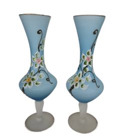 Vintage Set Blue Satin Floral Glass Vases Hand-painted Gold Trim 10 Inch
