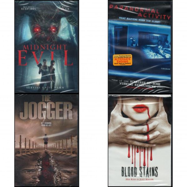 DVD Horror Movies 4 Pack Fun Gift Bundle: MIDNIGHT EVIL   Paranormal Activity  The Jogger  Blood Stains