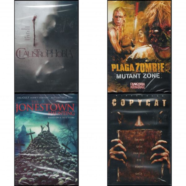 DVD Horror Movies 4 Pack Fun Gift Bundle: Claustrophobia  Plaga Zombie: Mutant Zone  JONESTOWN HAUNTING, THE   Copycat