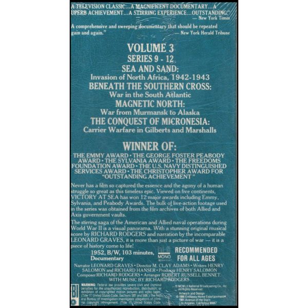 Victory at Sea: Vol. 3:  Sea & Sand, Beneath the Southern Cross, Magnetic North, The Conquest of Micronesia (VHS Tape)