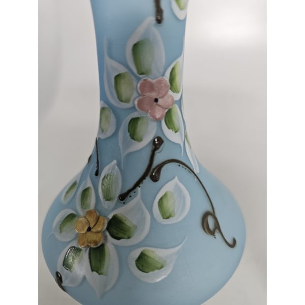Pair of Vintage Blue Satin Floral Glass Vases Hand-Painted Gold Trim 10 Inch