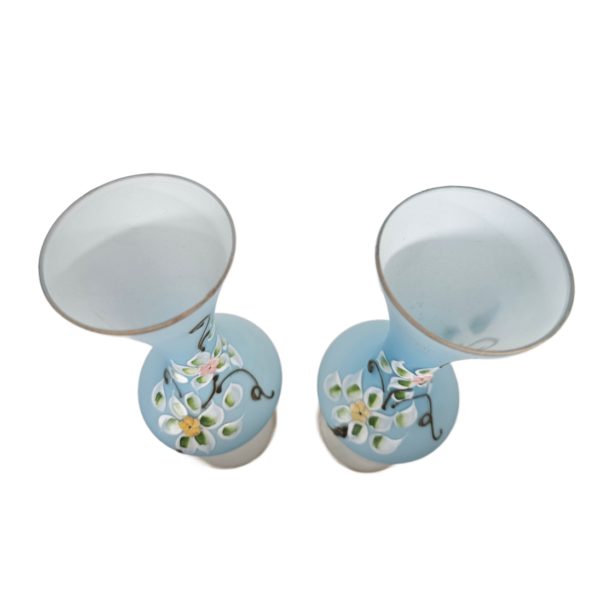 Pair of Vintage Blue Satin Floral Glass Vases Hand-Painted Gold Trim 10 Inch