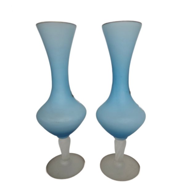 Pair of Vintage Blue Satin Floral Glass Vases Hand-Painted Gold Trim 10 Inch