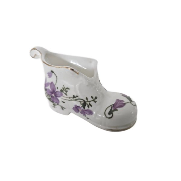 Vintage Lu Pao Fine Bone China Slipper Shoe Figurine Purple Flowers