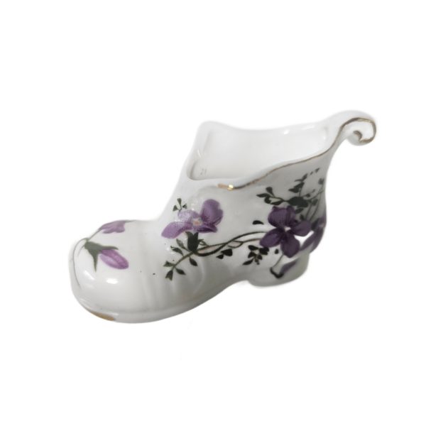 Vintage Lu Pao Fine Bone China Slipper Shoe Figurine Purple Flowers