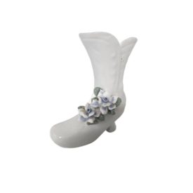 Vintage White Porcelain Boot Applied Blue White Flowers 4.5 Inch